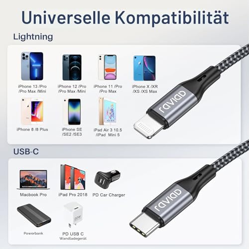 RAVIAD USB C Lightning Cable 1 M, MFi-Certified, iPhone Charging Cable, Power Delivery, Nylon Type C Charging Cable for iPhone 14/13/13 Pro/13 Pro Max/13 Mini/12/12 Pro Max/12 Mini/11 Pro/X/XS/XR/8/SE