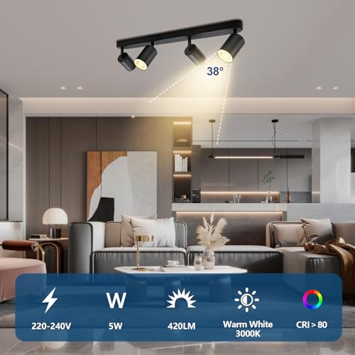 KYOTECH Black Ceiling Light with 4 Bulbs 5W LED Ceiling Light Swivel and Swivel Included GU10 Bulb 3000K 420LM Ceiling Spotlights for Kitchen, Bedroom, Living Room