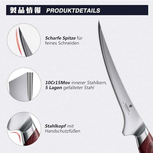 SANMEIHO OKINAWA Series Filleting Knife 18 cm, Sharp Boning Knife for Meat, Japanese 10Cr15Mov Super High Carbon Steel, Professional Kitchen Fish Knife with Flexible Blade and Ergonomic Pakka Wood | Japanischem 10Cr15Mov-Superhartstahl, Profi Fischmesser mit Flexibler Klinge und Ergonomischem Pakkaholzgriff- OKINAWA Series