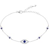 Blue Evil Eyes Link Bracelet, Evil Eye Earrings, S925 Sterling Silver Dainty Cubic Zirconia Adjustable Link Lobster Claw Clasp Chain Jewelry