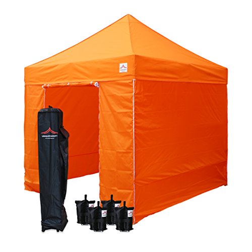 UNIQUECANOPY 8'x8' Ez Pop Up Canopy Tent Commercial Instant Shelter, with 4 Removable Zippered Side Walls and Heavy Duty Roller Bag, 4 Sand Bags Orange