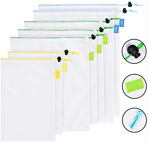 Reusable Produce Bags, Plusmart Produce Bags with Tare Weight on Tag, Lightweight, Double Stitched, 7 Pack