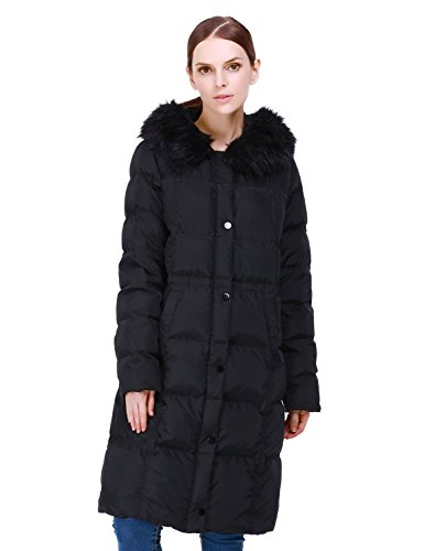 Puredown Women's Long Goose Down Coat with Faux-Fur Trim Hooded Jacket, Black