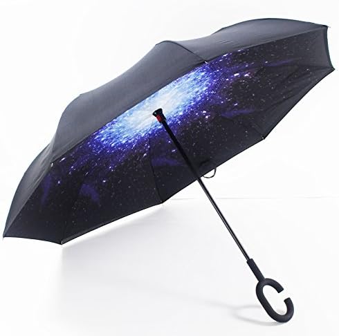 Double Layer Wind Proof,UV Proof Reverse Folding Inverted Car Ran Outdoor use Travel Umbrella with C Shape Handle and Carrying Bag (Galaxy)