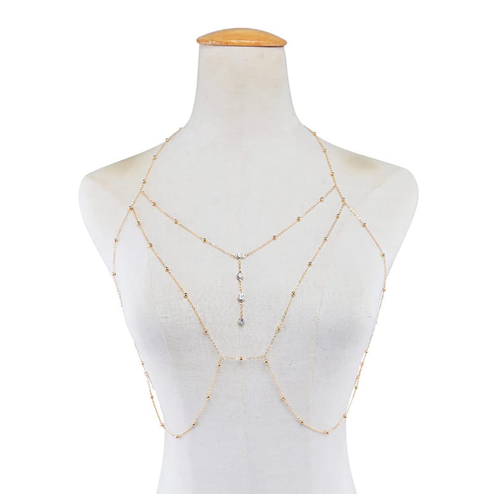 Carufin Sexy Bikini Bra Body Chain Gold Crystal Copper Bead Mesh Body Chain Breast Chain Lingerie Necklace Accessories Nightclub Jewelry Adjustable for Women and Girls