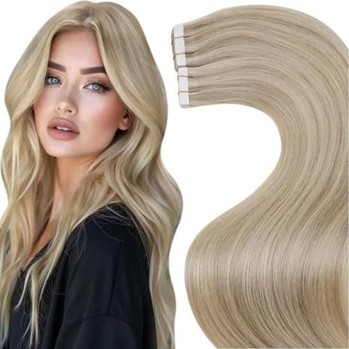 Laavoo Tape In Extensions Echthaar Blond Highlight Extensions Echthaar Tape In Seamless Haarverlängerung Echthaar Tapes Goldblond Mit Mittelblond 20Pcs 30G #P16/22 30Cm