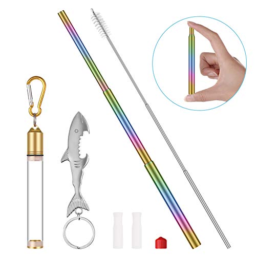 DOMAVER Reusable Straw, Stainless Steel Straws, Portable Folding Drinking Metal Telescopic Straws with Clear Heavy Duty Case, Cleaning Brush, Silicone Tip and Bottle Opener Keychain - Rainbow Color