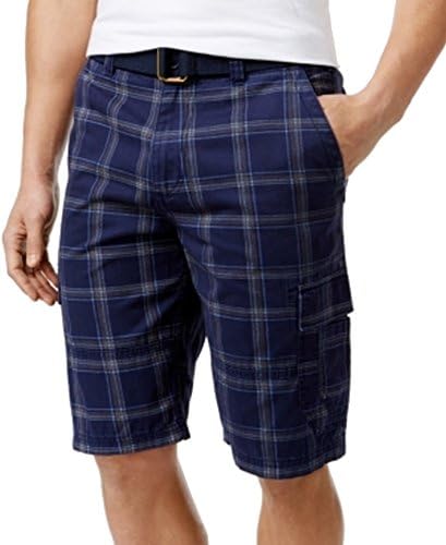 American Rag CIE Navy Mens Plaid Belted Cargo Shorts Blue 32