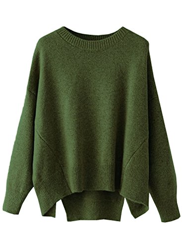 Futurino Women's Crew Neck Solid Long Drop Sleeves Loose Knit Pullover Sweaters (one size, Olive)