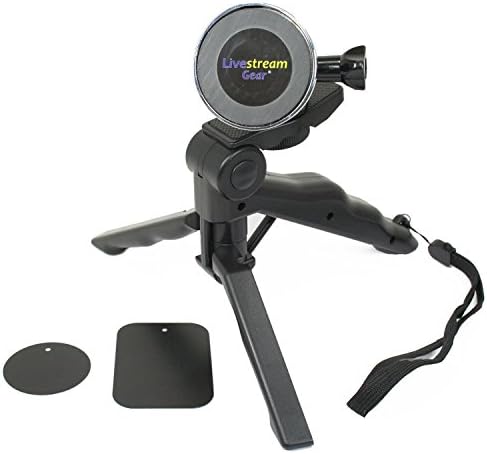 Livestream® Gear - Universal Magnetic Phone Mount and Folding Tripod or Handgrip. Mount Your Phone via Strong Magnet and Metallic Plate to This Folding Tripod Setup for Livestreaming. Strong Hold.