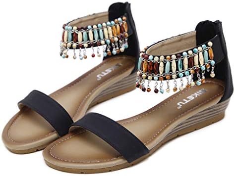 Women's Open Toe Slipper,CSSD Ladies's Flat Anti-Slip Bath Slipper Fashion Outdoor Shoes Hanging Beads Decoration Slipper (5, Black)