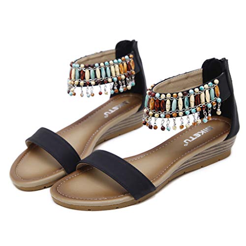 Women's Open Toe Slipper,CSSD Ladies's Flat Anti-Slip Bath Slipper Fashion Outdoor Shoes Hanging Beads Decoration Slipper (5, Black)