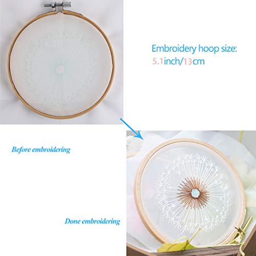 Embroidery Kits for Beginners with Pattern, Benbo Creative Dandelion Hand Embroidery Cross Stitch Needlepoint Crafts Kit with Color Pattern Cloth, Bamboo Embroidery Hoop, Color Threads and Tools Kit