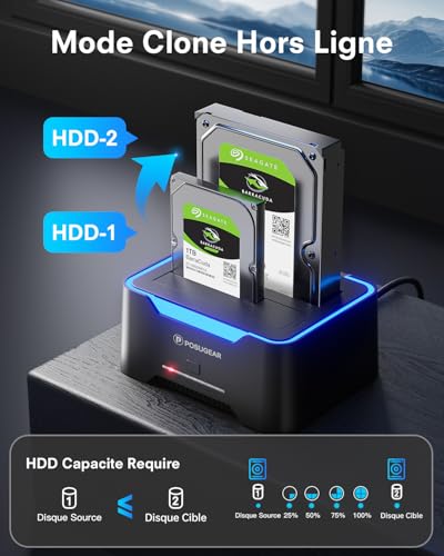 POSUGEAR Hard Drive Dock, USB3.0 Hard Drive Docking Station for 2.5 and 3.5 Inch SATA HDD/SSD Up to 40TB, Offline Cloning Function Supports UASP Dual Bay