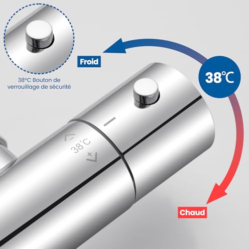 Auralum Thermostatic Shower Mixer Tap with 38°C Safe Button Anti-Scald Mixer Tap for Wall Shower Alloy, Temperature Control, Chrome