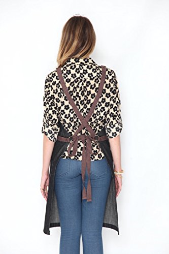 Cross-Back Apron - Ash Black Denim - Split-Leg - Brown Leather