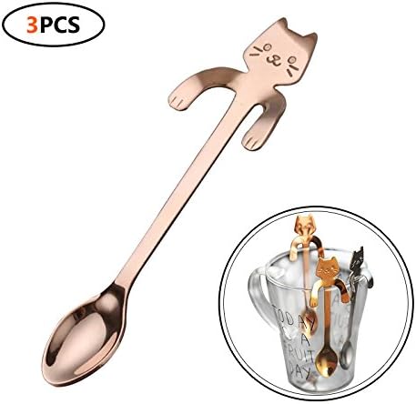 EIMAI 3PCS/10PCS Stainless Steel Cartoon Cat spoons Creative Ice Cream Dessert Long Handle Coffee&amp;Tea Spoon Tableware Kitchen Tool (3PCS Rose gold)