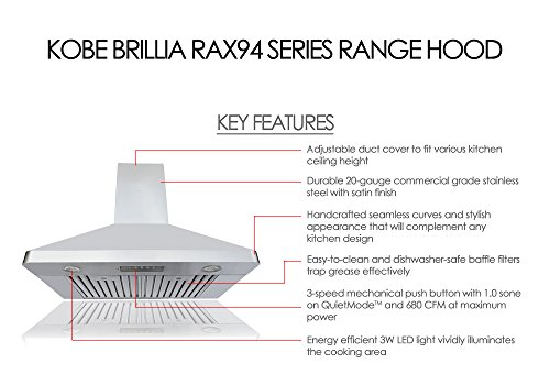 KOBE RAX9430SQB-2 Brillia 30-inch Wall Mount Range Hood, 3-Speed, 680 CFM, Fits Ceiling Height 8'-9' - Thumbnail 2