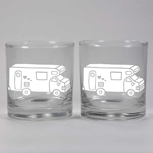 RV CAMPER VAN Lowball Glasses set of 2 - Dishwasher-safe etched whiskey glass