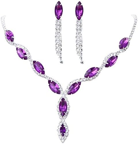 BOLY Womens Wedding Jewelry Crystal Rhinestone Diamond Gemstone Pendant Necklace Earrings (Set of 2) Purple