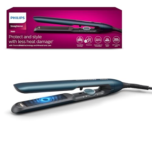 Philips Haarglätter 7000 Series, ThermoShield Technologie, Ionisierungsfunktion, Keramikplatten mit Arganöl, Blaugrün-Metallic, Modell BHS732/00
