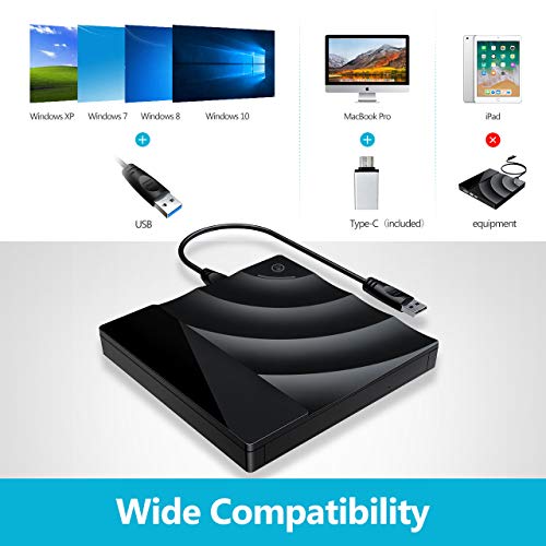 CD/DVD External Drive with USB3.0 and Type-C Interface, TOPELEK CD-ROM/DVD-RM Reader and Writer with Touch Sensitive Button, Streamlined Construction, Compatible for Windows and Mac OS (Black) - Thumbnail 6