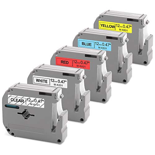 5-Pack Compatible with Brother P-Touch M Tape MK131 MK231 MK431 MK531 MK631 0.47 Inch (12mm) x 26.2 Feet (8m), Label Tape Compatible with Brother PT-90 PT-M95 PT-65 PT-85 and More