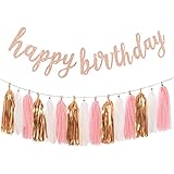 Aonor Rose Gold Birthday Party Decorations - Glittery Rose Gold Happy Birthday Banner and Tissue Paper Tassels Garland for Birthday Decorations