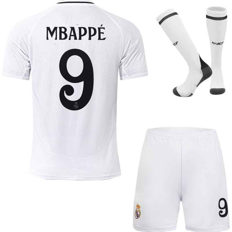 Soft Gardin 2024/2025 R. Madrid Mbappe #9 Home Football Soccer Jersey/Shorts Socks Gift Set Youth Sizes (White, 20)