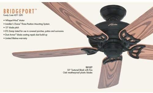 Hunter 53127 Bridgeport 52 Inch Etl Damp Listed Textured Ceiling