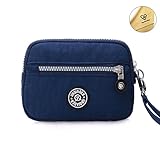 Tiny Chou Dual Layers Zipper Purse Waterproof Nylon Wristlet Bag Clutch Handbag Cell Phone Pouch-Navy Blue