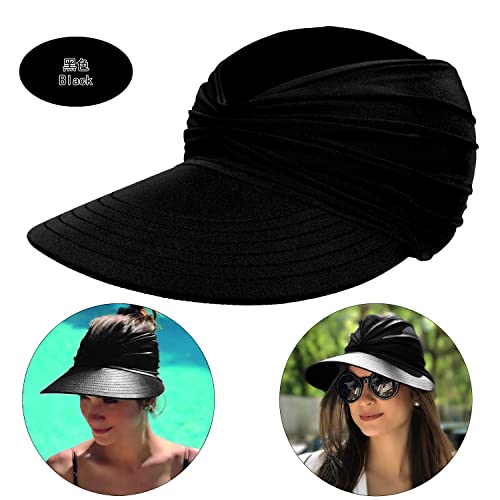 Sombrero Con Visera De Ala Ancha Para Mujer, Sombreros Para El Sol De Verano Upf 50+, Protección Uv, Sombreros De Playa, Visera De Golf Plegable Para Mujer, Gorra De Playa Con Cola De Caballo (Negro)