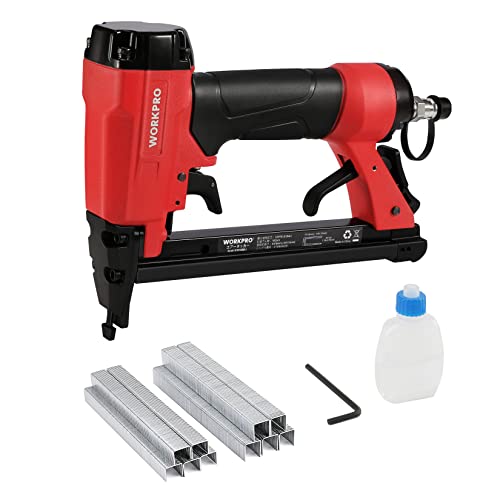 WORKPRO エアータッカー エア釘打機 ステープル 1000本釘付 誤射防止安全ロック機能 常圧 軽量 コンパクト 360°排気調整 コ型替針 肩幅10mm 適応足長6~16mm 木工ツール 大工工具 常圧ステープル用 エアネイラ