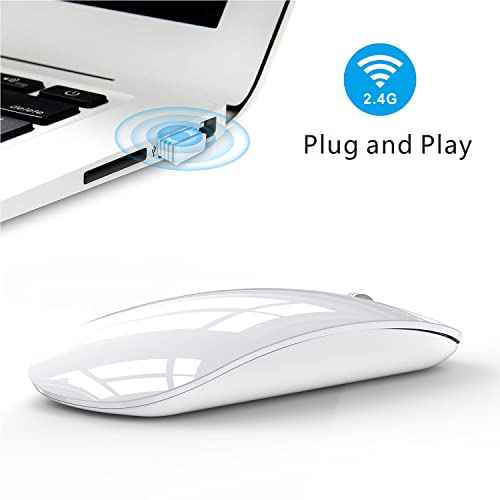 Uiosmuph U58 Wireless Rechargeable Optical Mouse, 2.4G Silent Wireless Mouse Ultra Portable with USB Nano Receiver and Type-C Adapter for PC/Tablet/Laptop (White)