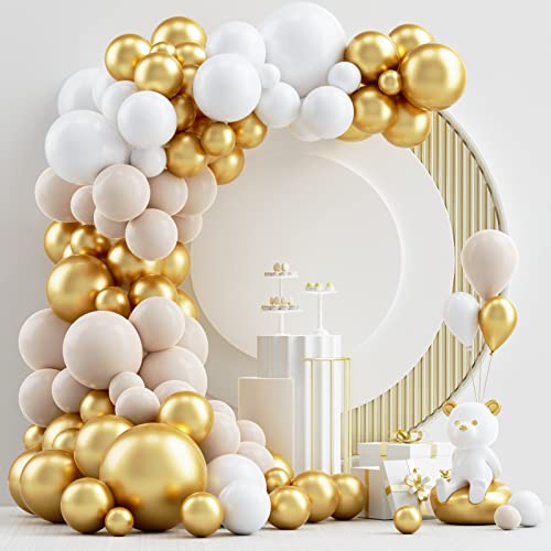 NISOCY 124Pcs White Sand Gold Balloons Garland Arch Kit, 18In 12In 10In 5In White Nude Balloons with Metallic Gold Balloons for Engagement, Wedding, Birthday, Baby Shower, Party Decoration