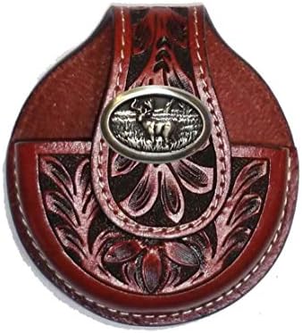 Buck Concho mounted on Cognac Leather Tooled Snuff Can Holder With Velcro Closure