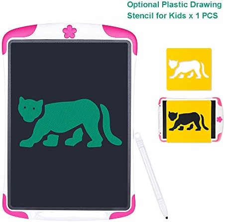 LCD Writing Tablet, Touch Pad Office Memo Doodle Board Silicone Shock Proof Message Board 8.5 inch with Random Stencil (Pink)