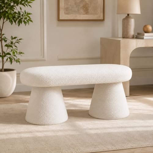 Modern Boucle Ottoman Bench, White Oval Upholstered Entryway Bench with Conical Pedestal Bases, Sherpa Accent Bench Foot Rest Extra Seat for Living Room Bedroom End of Bed, 100 x 40 x 43 cm
