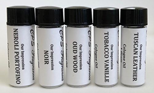 CPS Fragrances 5-Pc Set Men's Cologne Oil Impression 1 Dram each (5x1 dram) Neroli Portofino, Noir, Oud Wood, Tobacco Vanille, Tuscan Leather