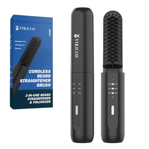 Beard Straightener Comb for Men, VIKICON Wireless Beard Straightening Brush, 3 Adjustable Temperature Levels, Rechargeable Ionic Brush for Hair & Beard, Anti-scalding, Portable (Black)