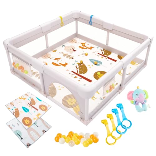 Akeraq Baby Playpen 150 x 150 cm, Padded Playpen with Reversible Mat, Sensory Rattle Plush, Coloured Balls and Support Rings | Sensory rattle plush · exclusive design reversible mat · 4 handles · colorful balls · carry bag | AKERAQ