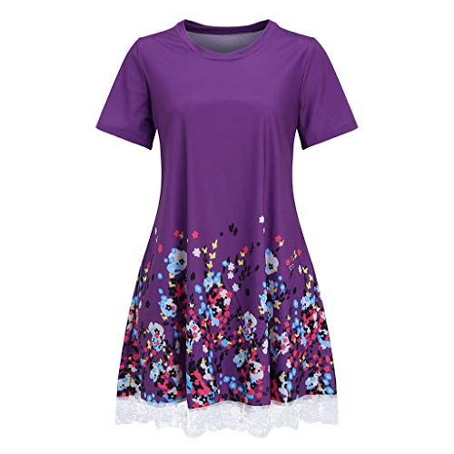 TIFENNY Mini Dress for Women O Neck Casual Print with Pocket Lace Short Sleeve Mini Dress Loose Party Dress Purple