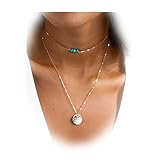 Boosic Double Chain Turquoise Choker Beaded Necklace with Disc Pendant