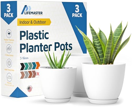 White Plant Pots with Drainage Holes & Saucers 3 Pack, Indoor & Outdoor Stackable Space-Saving Planters for Houseplants & Flowers, (7", 6.7", and 6" Inches), Durable & Weatherproof Materials