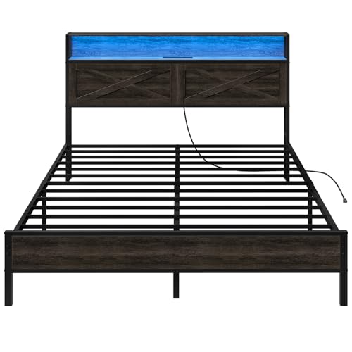 HOOBRO Full Size Bed Frame, Bed Frame with Charging Station and LED Lights, Headboard with Shelves, Heavy Duty Metal Frame, Noise-Free, Easy Assembly, No Box Springs Needed, Charcoal Black BC01UDBF01