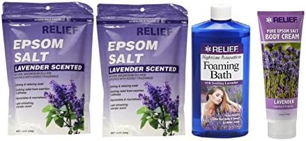 Relief Epsom Salt - Lavender Scented, Natural Magnesium Sulfate Calming & Relaxing Crystals (2 Sets) + Nighttime Relaxation Foaming Bath W/Soothing Lavender + Nighttime Relaxation Body Cream