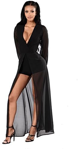 Women Sexy Deep V Neck Long Sleeve Clubwear Maxi Dress Overlay Jumpsuit Rompers Black, Large