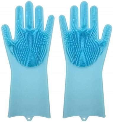 Okayji Silicone Kitchen Magic Gloves for Dishwashing Rubber Dish Washing with Brush Cleaning Scrubber – 1 Pair (Blue)