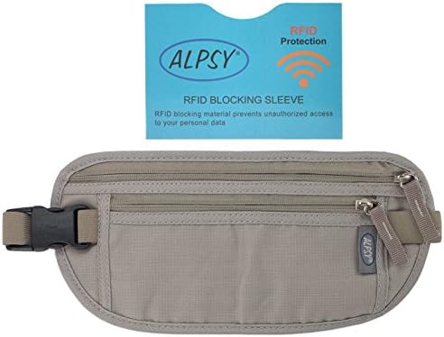 Alpsy Money Belt w/ RFID-Blocking Sleeve, Secure Travel Wallet Waist Pouch Gray