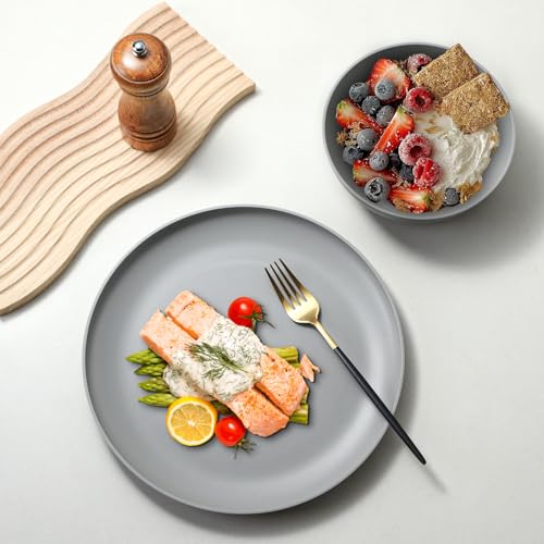 24 Piece Dinnerware Set, Unbreakable Plastic Plates Bowls Cups Set, BPA Free Reusable Tableware for Camping, Picnic, Home, Kitchen, Dishwasher Safe (Grey)